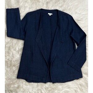 Pure Jill 100% Linen Open Front Jacket Blue Long Sleeve Pockets Womens SZ S